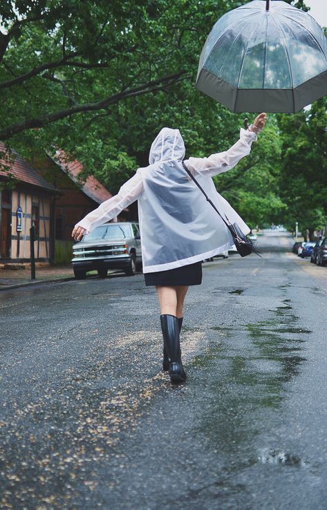 Romantic Weather, Umbrella Outfit, Umbrella Photoshoot, Umbrella And Rain, Aesthetic Scenes, Raincoat Pattern, Rainy Outfit, Jacket For Summer, Rain Boots Hunter