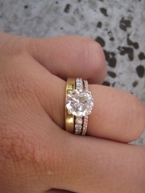 Wedding Band Engagement Ring Combo, Mixed Metals Wedding, Gold Stacking Rings Wedding, The Bling Ring, Matching Wedding Rings, Couple Wedding Rings, Yellow Gold Wedding Band, Ring Ideas, White Gold Wedding