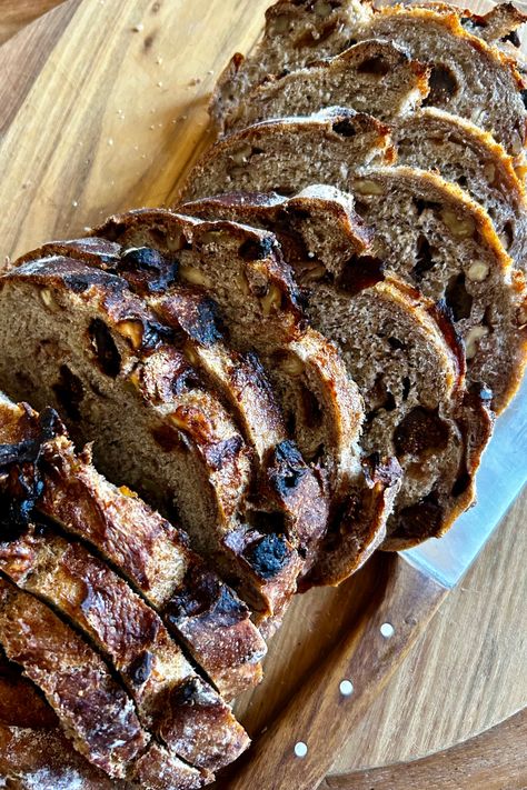 Made with a combination of white and whole wheat bread flours, seasoned with warming cinnamon and lightly sweetened with honey. This easy no-knead loaf is slightly rustic with a subtle nutty flavour and a crunchy crust. It pairs perfectly with your favourite artisanal cheeses! | #bread #figbread #walnutbread #figwalnutbread #homemadebread #bread #breadrecipe #noknead #figrecipes #figwalnut #artisanbread Cheeses Bread, Blueberry Quick Bread, Chocolate Cherry Ice Cream, Mini Sweet Peppers, Artisan Bread Recipes, Walnut Bread, Yeast Breads, Knead Bread, Roast Chicken Recipes