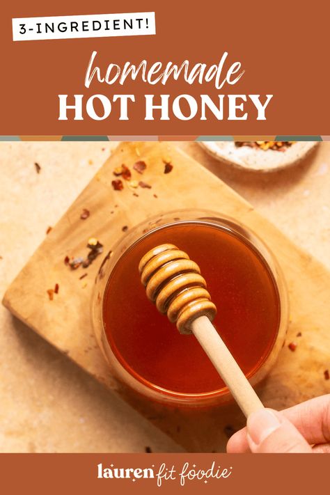 This homemade hot honey is super quick and easy to make with just 3 ingredients! It can be used in countless ways and is seriously so good on EVERYTHING! Honey Hot Sauce, Homemade Hot Honey, Hot Honey Recipe, Hot Sauce Recipe, Hot Sauce Recipes, Vinegar And Honey, Meat Dinners, Hot Honey, Vegetarian Paleo