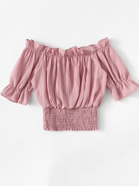 Cheap Flounce Sleeve Shirred Bardot Crop Top for sale Australia | SHEIN Shirred Blouse, Bardot Crop Top, Smocked Blouse, Heart Blouse, Crop Tops Online, Striped Sleeveless Top, White Short Sleeve Tops, Smock Blouse, Short Blouses