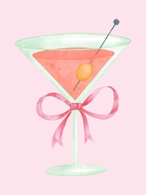 Martini Glass with Bow Print! Perfect for dorms and pink themed rooms! Martini Wallpaper Iphone, Drink Art Print, Martini Glass Aesthetic, Martini Glass Wallpaper, Martini Phone Wallpaper, Cartoon Martini Glasses, Pink Martini Aesthetic, Martini Glass Painting Canvas, Martini Glass Poster