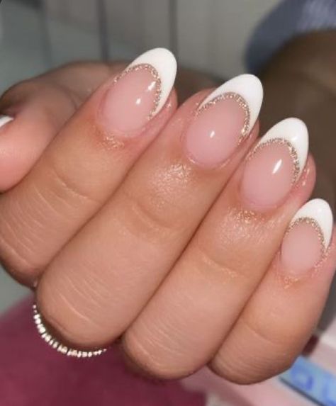 Hoco French Tips, Simple Nail Designs New Years, Junior Ring Ceremony Nails, Bridesmaid Nail Ideas Almond, French Tip Back To School Nails, Cute Simple French Nails, White French Tip Hoco Nails, White Tips With Gold Line, Cute Nails For Senior Pictures