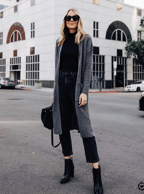 Dark grey cardigan outfit Charcoal Grey Cardigan Outfit, Charcoal Cardigan Outfit, Dark Grey Cardigan Outfit, Outfits With Grey Cardigan, Nyc Fall Outfits, Long Cardigan Outfit, Charcoal Jacket, Wfh Outfits, Business Professional Attire