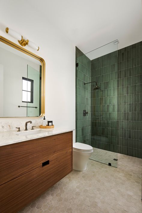 Smyth House | Bret Hills Bathroom Tiles Mid Century, Green Tile Tub Shower Combo, Moody Mid Century Bathroom, Dark Tile Bathroom, Bohemian Bathroom Ideas, Mcm Bathroom, Dark Green Bathrooms, Green Tile Bathroom, New House Bathroom