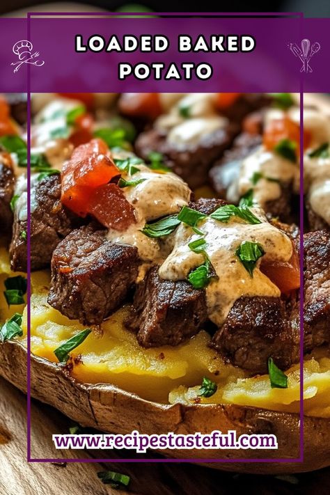 A hearty and delicious meal that pairs tender, flavorful steak bites with creamy, cheesy loaded baked potatoes. Perfect for a satisfying dinner! Baked Potatoes With Steak, Loaded Baked Potato With Steak, Baked Potato With Steak, Potatoes With Steak, Steak Baked Potato, Parmesan Cream Sauce, Loaded Baked Potato, Loaded Baked Potatoes, Steak Bites