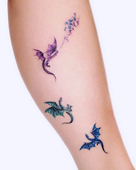 Small colorful dragons by @tattooist.inno Beautiful Woman Tattoo, Watercolor Dragon Tattoo, Baby Dragon Tattoos, Cute Dragon Tattoo, Small Dragon Tattoos, Our Mindful Life, Mystical Tattoos, Tattoos Infinity, Tattoos Mandala