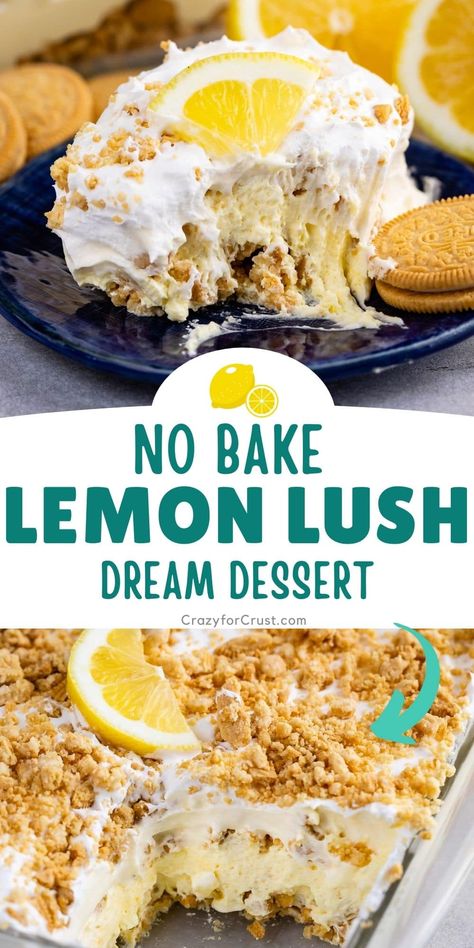 No Bake Lemon Dessert is a lemon icebox cake lush recipe with a Golden Oreo crust, pudding, cool whip, and lemon curd. It's a dream dessert that's creamy and SO easy to make! Lemon Lush Dessert Recipe, Golden Oreo Crust, Lemon Lush Dessert, Lemon Desserts Easy, Lemon Icebox Cake, Lush Dessert, Lush Cake, Lush Recipes, No Bake Lemon