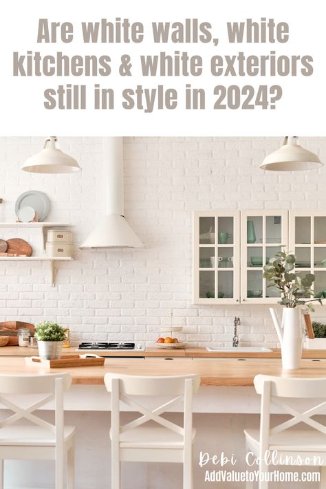 Are white walls for interiors still in style for 2024? What about white kitchens? Are white house exteriors still popular for 2024?  It depends. Its complicated. Some white paints colors are still trending for 2024 whereas others are out. Let’s break that down!  Check out my post to find out the latest 2024 paint color trends.  #2024paintcolortrends #whitekitchens #whitehouseexteriorpaintcolors #whiteinteriorpaintcolors White House Exteriors, Kitchens White, Its Complicated, Paint Color Trends, White Kitchen Paint, Gray Interiors, White Exterior Houses, Off White Walls, Walnut Kitchen