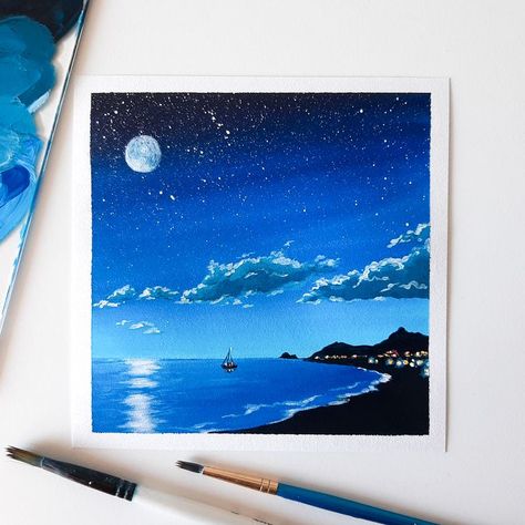 Night Sky Drawing, Moonlit Beach, Drawing Sky, Hope You're Doing Well, Canvas Art For Sale, Night Sky Art, Beach Drawing, Beach Paintings, Sky Art Painting