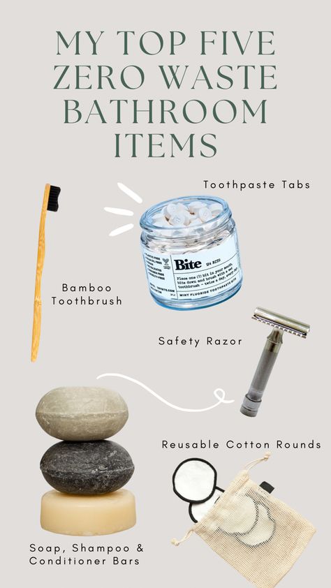 Zero Waste Bathroom Items: safety razor, toothpaste tabs, reusable cotton rounds, shampoo bars, and bamboo toothbrush Zero Waste Bathroom, Waste Free Living, Zero Waste Swaps, Environmentally Friendly Living, Zero Waste Store, Homemade Cleaning Supplies, Eco Store, Solid Shampoo Bar, Eco Life