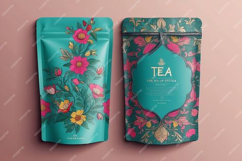 Premium Photo | Colorful tea packaging design with zip pouch bag mockup Vector ornament template Creative Designer Portfolio, Tea Pouch Packaging Design, Luxury Tea Packaging, Tea Packing Design, Tea Image, Pouch Packaging Design, Luxury Box Design, Floral Packaging, Tea Package