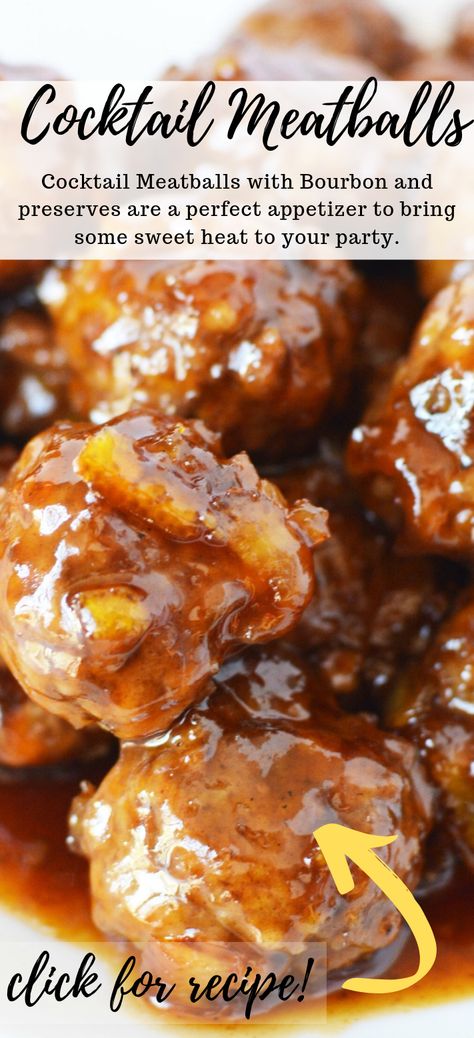 Bourbon Meatballs, Cocktail Meatballs with Bourbon and preserves are a perfect appetizer to bring some sweet heat to your party. Easy to make homemade or substitute with frozen, these meatballs will be gone from your tray in minutes with people begging for seconds.  Tested over and over again, this cocktail meatball recipe makes the grade. #appetizer #meatballs #party #bbq #slowcooker Bourbon Meatballs Recipes, Bourbon Glazed Meatballs, Best Cocktail Meatballs, Meatball Cocktail Appetizers, Homemade Meatball Appetizer Recipes, Frozen Meatballs Appetizer, Frozen Meatball Appetizers For Party, Cocktail Meatballs Appetizers, Drunken Meatballs