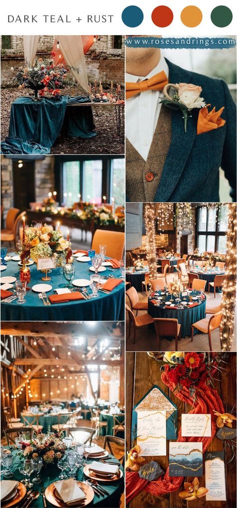 July Boho Wedding Colors, Fall Wedding Colors Teal Burnt Orange, Industrial Fall Wedding, Teal And Rust Wedding, Dark Teal And Rust Orange Wedding, Wedding Ideas Dark, Rust Fall Wedding, Teal Wedding Ideas, Amazing Wedding Centerpieces