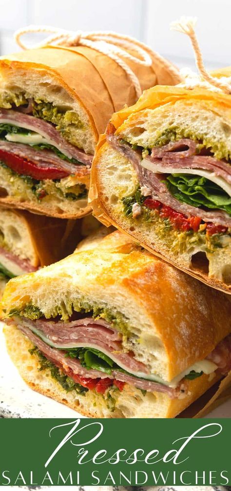 Salami Sandwich Salami Sandwich Recipes, Sandwich Baguette, Roasted Red Pepper Pesto, Red Pepper Pesto, Salami Sandwich, Pepper Pesto, Baguette Sandwich, Pressed Sandwich, Pesto Sandwich