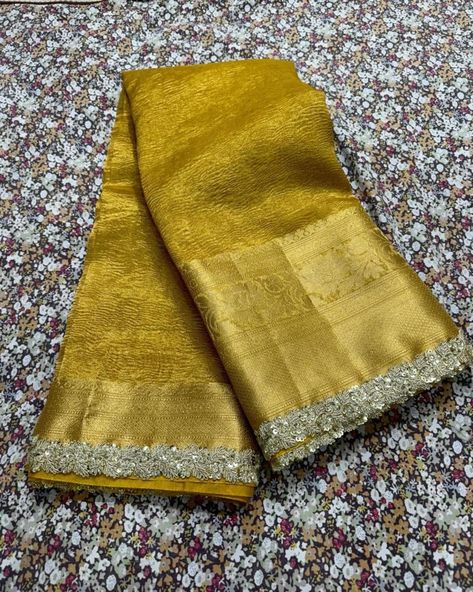 *😍😍* *Fabric* --- banarasi SOFT CRUSHED TISSUE SILK saree collection.all over designer lace attached *Running blouse lace attached* Saree - 5.5 m Blouse - 1m *Price -- 1750 freeship* *Despatch time 1-2 days* Tissue Saree Blouse, Saree Blouse Design, Tissue Silk Saree, Tissue Saree, Blouse Lace, Yellow Saree, Saree Blouse Designs, Lace Design, Blouse Design