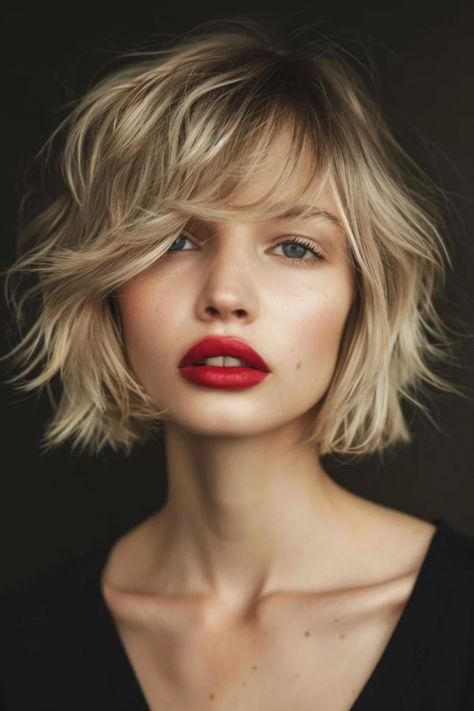 Woman with tousled short blonde hair and striking red lipstick gazes softly at the camera, set against a dark background. Best Haircut For High Forehead, Tiny Bangs Short Hair, Short Blonde Beach Waves, Artsy Haircuts For Women, Short Blonde Hair With Bangs Bob, Blonde Bobs With Bangs, Taylor Swift Bob Haircut, Blonde Hair Bob With Bangs, French Bob For Fine Hair