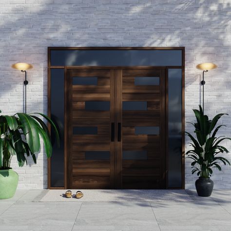 Contemporary Double Front Entry Doors, Wood Double Front Doors, Double Front Doors With Glass Panels, Brownstone Garden, Double Wood Front Doors, Mid Century Modern Front Door, Front Doors With Glass, Custom Exterior Doors, Double Door Entryway