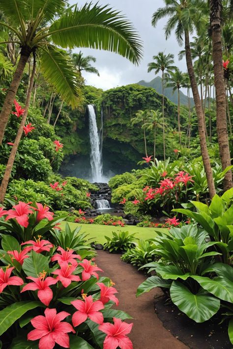 🌺 Explore Hawaiian Botanical Gardens: A Tropical Paradise 🌿 Hawaii Nature Aesthetic, Hawaii Botanical Garden, Waterfall Tropical, Tropical Waterfall, Beautiful Views Nature, Tropical Scenery, Tropical Adventure, Island Garden, Tropical Nature