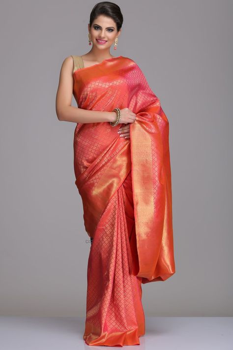 Peach Silk Saree, Kanjipuram Saree, Grand Dressing, Indian Sari Dress, Kanjivaram Saree, Modern Saree, Indian Silk Sarees, Saree Silk, Wedding Sarees