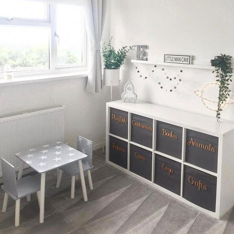 Grey And White Playroom, Grey Toddler Room Boy, Toddler Big Boy Room, Grey Playroom, White Table And Chairs, Kids Playroom Ideas, Kids Room Grey, Small Playroom, Toddler Boy Room Decor