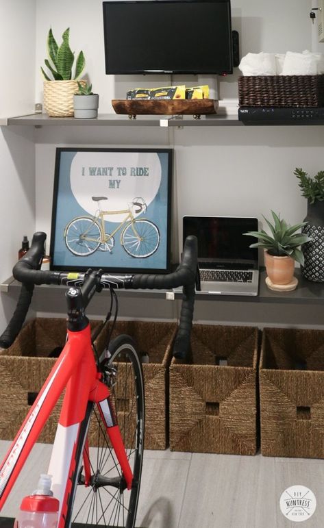 Cycling Room At Home, Cycling Room Ideas, Sunroom Gym, Cycling Room, Workout Room Organization, Home Workout Room, Basement Storage Room, Diy Huntress, Workout Room Decor