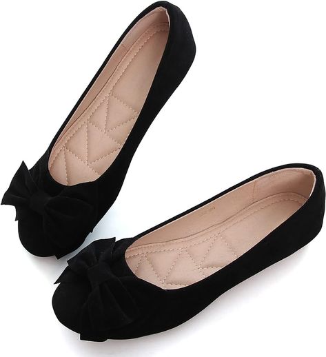 Amazon.com | VFDB Women Classy Cute Bow-Knot Ballet Flats Round Toe Daily Cozy Comfort Slip on Flat Shoes Black US 9 | Flats Working Shoes, Girls Dress Shoes, Black Flats Shoes, Suede Ballet Flats, Bow Flats, Suede Flats, Womens Ballet Flats, Boot Brands, Walker Boots