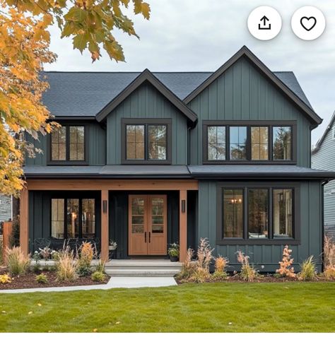 Dark Blue House White Windows, Teal And Black House Exterior, House Exterior Dark Blue, Dark Blue House With Cedar Accents, Dark Colored Exterior Houses, Brown And Blue House, Black House Colored Door, Dark House Exterior With Wood Accents, Dark Slate Blue House Exterior