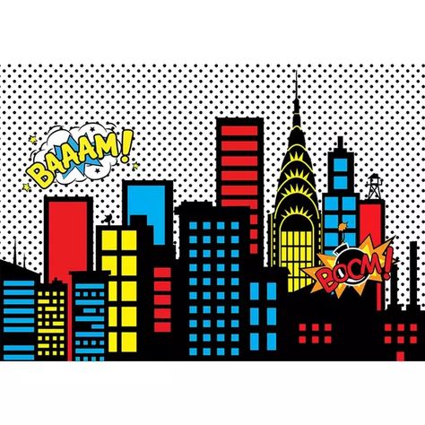 Fondo de fotografía Allenjoy superhéroe edificio de dibujos animados puntos negros niños boom Fondo foto estudio Superhero Backdrop, Superhero Background, Studio Booth, City Backdrop, Superhero Classroom, Background Baby, Spiderman Birthday Party, Avengers Party, Banner Photo