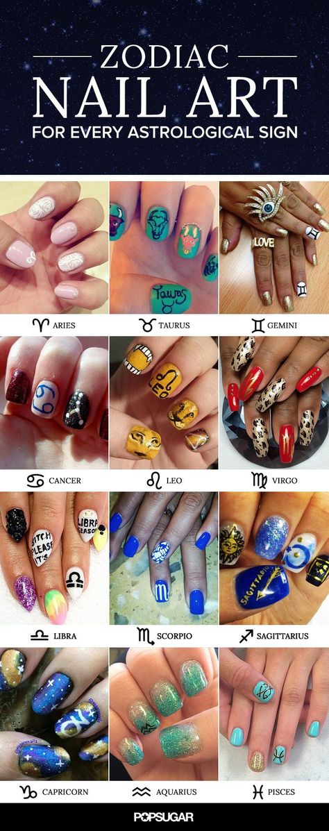 Zodiac + nail art = astrological awesomeness. Get inspired to create your own look! We promise it's cooler than your horoscope. Pices Zodiac Nails, Spiritual Nail Art, Zodiac Nail Art, Spiritual Nails, Pisces Nails, Zodiac Nail Designs, Nail Art Zodiac Signs, Taurus Design, Nail Signs