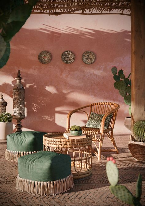 Marrakech House on Behance Moroccan Interiors, Casa Exterior, Deco Boheme, Conversation Set Patio, Wicker Furniture, Moroccan Style, Summer House, Marrakech, Design Inspo