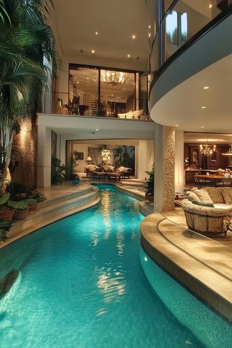 Luxury mansion with large pool spanning outdoor and indoor. Get ready to be wowed with some slick and stylish modern home pools that turn a backyard from blah to spa. Expensive Pools Luxury, Indoor To Outdoor Pool, Rich Pool Aesthetic, Big Modern Mansion, Swimming Pool Inside House, Pool Inside House, Indoor Pool Aesthetic, Dream Pools Luxury Indoor, Home Indoor Pool