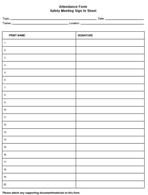 Attendance Form Safety Meeting Sign In Sheet 9 - Printable Samples Sign In Sheet Template Free Printable, Process Flow Chart Template, Study Schedule Template, Sign Out Sheet, Veterans Day Coloring Page, Business Case Template, Safety Meeting, Sign In Sheet Template, Attendance Sheet