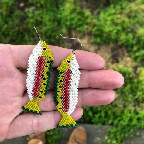 Beaded Salmon Earrings, Rainbow Trout, Pearl Jewellery, Seed Bead Earrings, Pearl Jewelry, Beaded Earrings, Bead Work, Loom, Seed Beads