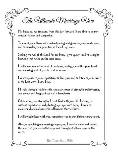 Free Printable - The Ultimate Marriage Vow | Time-Warp Wife Christian Vows, Wedding Vows To Wife, Vows To Wife, Christian Wedding Vows, Vows To Husband, Wife Prayer, Wedding Vows Template, Best Wedding Vows, Wedding Vows To Husband