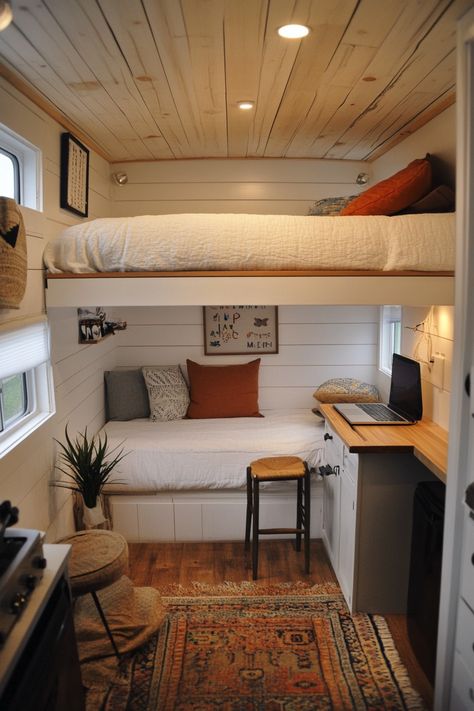 Remote work camper interior. White paneling with plywood loft bed.  In today's hyper-connected world, the concept of a traditional office is increasingly becoming a relic of the past. Digital nomads are constantly on the hunt for the perfect balance between comfort and productivity, and the RV home office trend seems to be the current frontier.  Read more: https://tastyinteriors.com/generated-post-50-minimalist-rv-home-office-setups-mobile-workspaces-for-digital-nomads/ Loft Bed Camper, Parisian Apartment Style, Moroccan Tile Floor, Tent Platform, Rv Home, Home Van, Earthy Bedroom, Rv Homes, Traditional Office