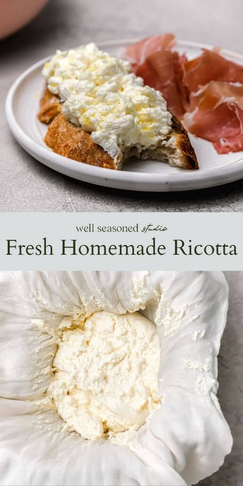 Quick + easy homemade ricotta cheese! A 4 ingredient recipe that you will make every time you entertaining! #wellseasonedstudio #ricotta #homemadericotta #ricottacheese #homemadericottacheese #ricottaphotography #foodphotography #ricottastyling #foodstyling #wholemilkricotta #lemonjuice #crostini #ricottacheesecrostini #riottacrostini #cowsmilkricotta #goatsmilkricotta #sheepsmilkricotta #cheeseboard #creamyricotta #ricottarecipe Homemade Ricotta Cheese, Cheese Making Recipes, Ricotta Cheese Recipes, Homemade Ricotta, Ricotta Recipes, Homemade Cheese, Crazy Stuff, 4 Ingredient, Ricotta Cheese