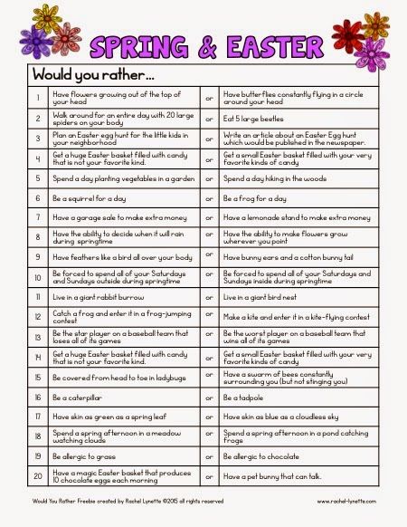 These free Would You Rather questions make for a perfect addition to your instructional plans! You can use them as discussion starters or as writing prompts. Your students will enjoy the fun, thought-provoking questions! Click through to download your freebie. Easter Speeches, Easter Math, Spring Activity, Discussion Prompts, Rather Questions, Would You Rather Questions, Activity Director, Easter Activities For Kids, Fast Finishers