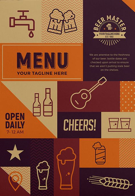 Color pallet and graphics and squares Beer Event, Beer Menu Ideas, Beer Promotion Design, Beer Menu Board, Beer Flyer Design, Beer Menu Design Ideas, Beer Menu Design, Beer Flyer, Bar Vintage