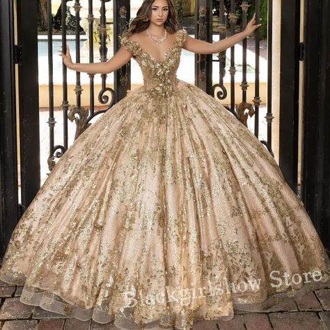 Champagne Chapel Train Princess Quinceanera Dresses Elegant  Applique Crystal Beaded Long Sweet 16 Dress Vestidos De Fiesta - AliExpress 320 Gold 15 Dresses Quinceanera, Sweet 15 Dresses Quinceanera, Quinceanera Dresses Elegant, Long Sweet 16 Dresses, Princess Quinceanera Dresses, Xv Dresses, Rose Gold Princess, Off Shoulder Ball Gown, White Quinceanera Dresses