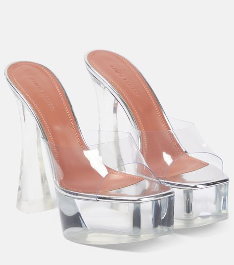 Dalida Glass PVC platform mules in white - Amina Muaddi | Mytheresa Clear Heel Shoes, Amina Muaddi Heels, Amina Muaddi Shoes, Platform Mules, Designer Pumps, Boot Jewelry, Amina Muaddi, Satin Heels, Clear Heels