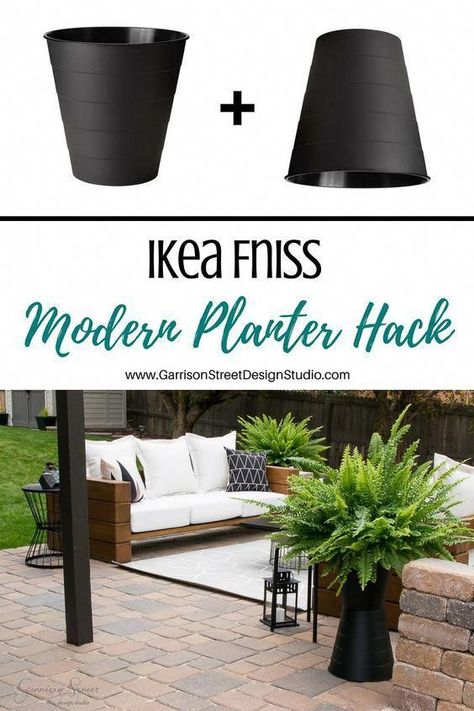 Ikea Fniss Modern Planter Hack | ©️️GarrisonStreetDesignStudio | Ikea Hack | Fniss Trash Can | Tall Planter | Black | Plastic | Patio | Deck | Easy | DIY | Cheap | Affordable | Front Porch| Small Space |Paver |Outdoor Decor |Plant Stand | Porch |Home Decor | Modern | Creative | Small | Ideas | Flowers | Ferns | Succulents | Unique | Herb | Outdoor | Urn | Raised | Simple | Yard | Pool | How to make | Pot | Round | Curb Appeal | Inspiration | Bucket | Ikea  #outdoordecor Curb Appeal Inspiration, Ikea Deco, Outdoor Urns, Modern Planter, Tall Planters, Front Patio, Diy Outdoor Decor, Modern Planters, House With Porch