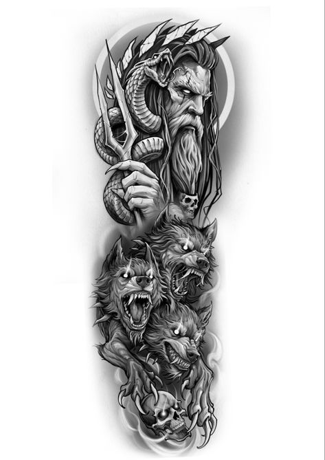 Hades And Cerberus, Hades Tattoo, Greek God Tattoo, Scandinavian Tattoo, Poseidon Tattoo, Zeus Tattoo, Egyptian Tattoo Sleeve, Monster Tattoo, Full Sleeve Tattoo Design