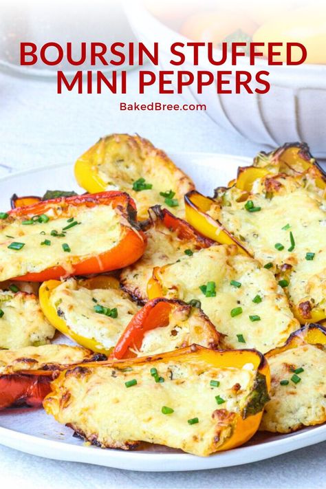 These Boursin Stuffed Mini Peppers are very quick and easy to do. Deliciously healthy and using only a few ingredients, this recipe is perfect for appetizers! Mini Peppers Stuffed With Boursin Cheese, Boursin Stuffed Mini Peppers, Stuffed Mini Bell Peppers Appetizers, Stuffed Mini Peppers Appetizers, Boursin Appetizer Recipes, Mini Stuffed Peppers, Stuffed Mini Sweet Peppers, Cream Cheese Stuffed Peppers, Mini Peppers