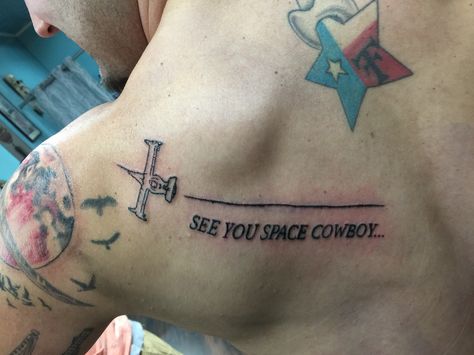 See you space cowboy tattoo from cowboy bebop in honor of my younger brother Cowboy Beepboop Tattoo, See You Space Cowboy Tattoo, Space Cowboy Tattoo, Cowboy Bebop Tattoo, See You Space Cowboy, Cowboy Tattoos, Zelda Tattoo, Nerd Tattoo, Tattoo Templates