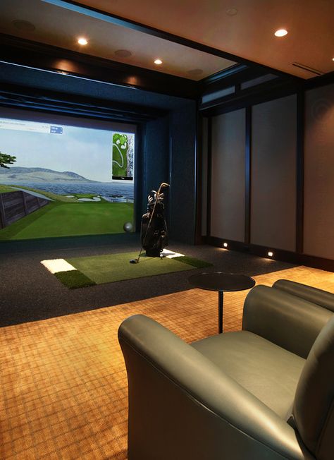 Golfing Room-Penthouse in Downtown Omaha  http://kurtjohnsonphotography.com/ Simulator Room, Home Golf Simulator, Indoor Golf Simulator, Golf Simulator Room, Golf Room, Golf Simulator, Golf Mk3, Golf Simulators, Golf Design