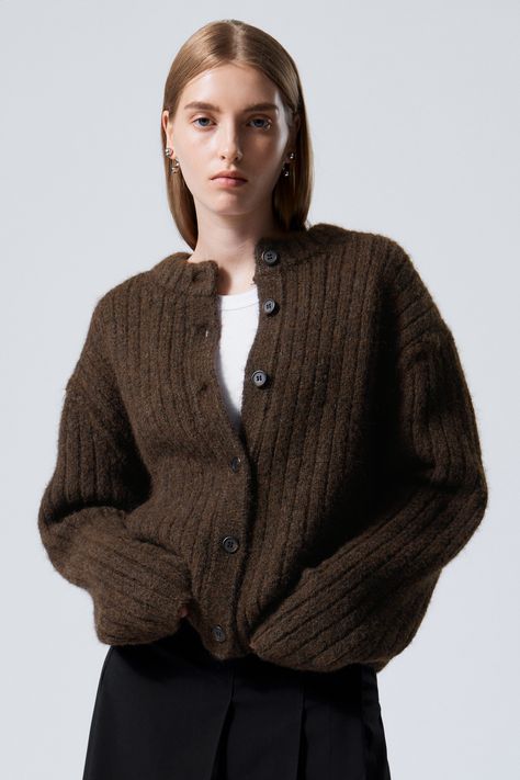 loose knitted cardigan - Dark Brown Melange Danish Winter Style, Brown Button Up Cardigan Outfit, Knitted Wool Sweater, Chocolate Brown Clothes, Dark Brown Cardigan Outfit, Buttoned Cardigan Outfit, Warm Cardigan Outfit, Blue Brown Outfit, Cardigan Skirt Outfit