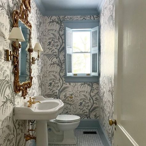 bird-and-thistle-wallpaper-brunschwig-fils-powder-room - The Glam Pad Bird And Thistle, Powder Room Refresh, Thistle Wallpaper, Wallpaper Bathroom, Gas Fireplace Logs, Room Refresh, Large Closet, Brass Fixtures, Grand Homes