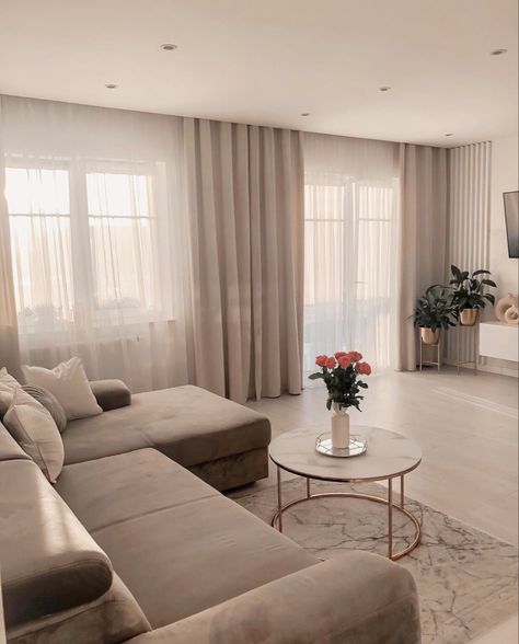 Living Room Esthetics Modern, Beige White Gold Living Room, Living Room Grey Couch Modern, Lights Ideas Living Room, Living Room With Big Windows, Cream And Beige Living Room, Living Open Space, Classic Home Design, Airy Living Room