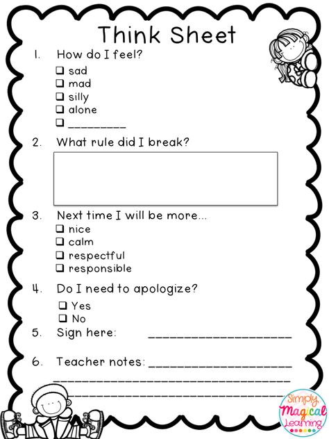 Free printable Think Sheet for behavior issues in primary grades Think Sheets For Behavior Elementary, Think Sheets For Behavior Kindergarten, Behavior Worksheets Free Printable, Behavior Sheets For Students, Reflection Sheets For Behavior, Student Behavior Reflection Sheet, Reflection Sheets For Students, Behavior Think Sheet Free Printable, Behavior Tracker Elementary